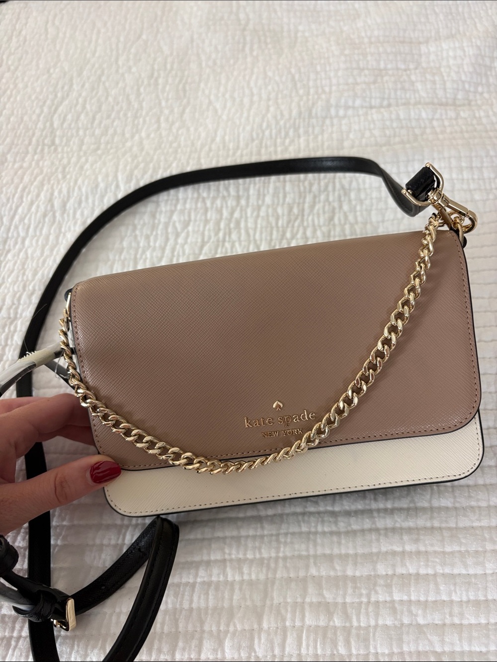 kate spade Two-Tone Saffiano Leather Crossbody in Taupe, Cream & Black
